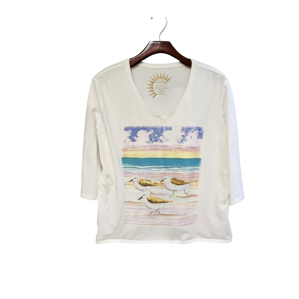 Sun Bay Petite Sunny Day Tech White V-Neck 3/4 Sleeve Beach Sandpiper Shirt PXL